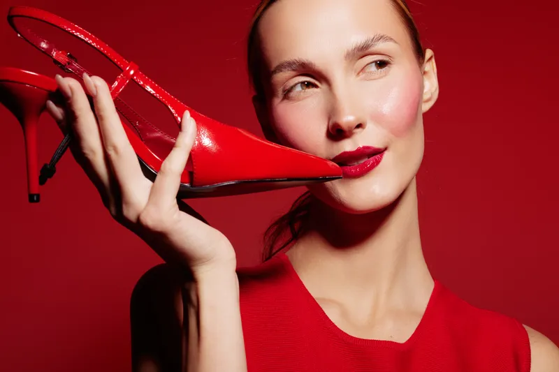 Young woman in red dress holds red high heel shoe near face on red background. Fashion concept with stylish makeup and elegant accessories in bright studio lighting.