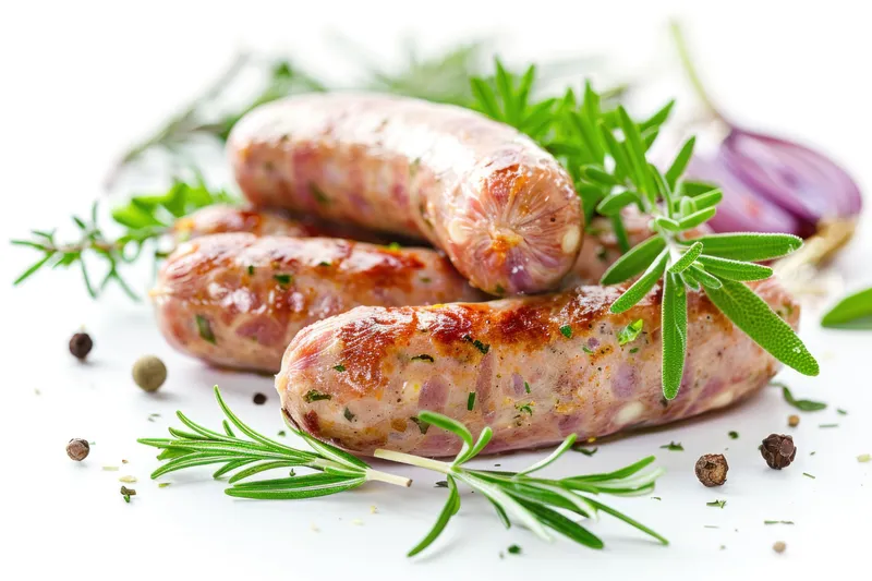 Сочные жареные сосиски с розмарином и фиолетовым луком на чистой белой поверхности, подчеркивающие свежесть и вкус
