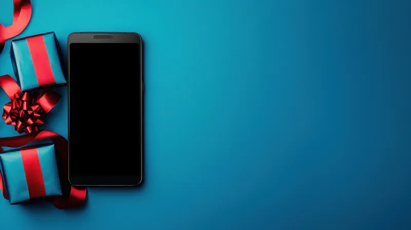 Смартфон в окружении красочных подарочных коробок и лент на ярком синем фоне, символизирующий праздничные покупки, цифровой маркетинг и сезонные акции