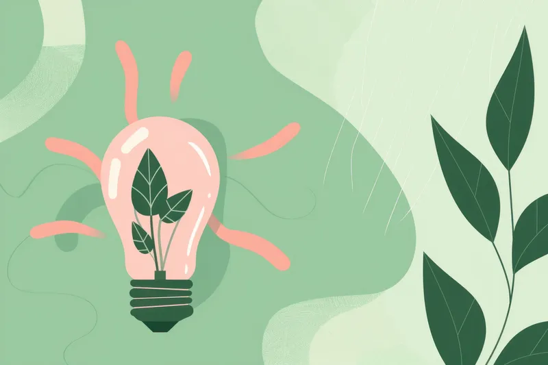 Лампочка с листьями растения, символизирующая устойчивое развитие и инновации, на успокаивающем зеленом фоне