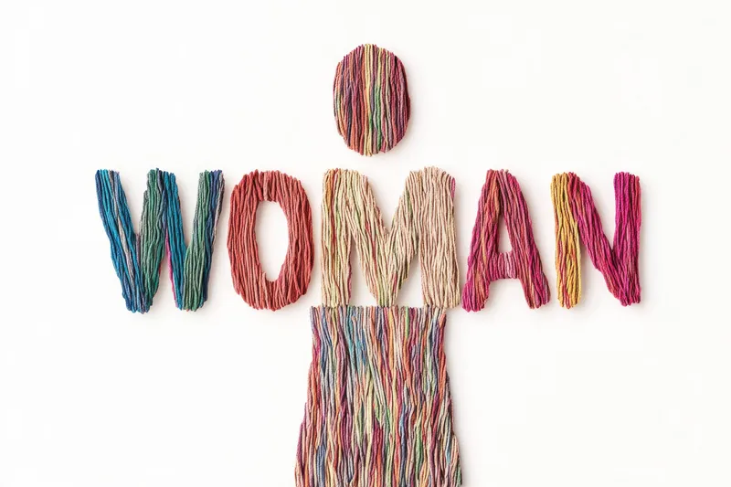 Яркое произведение из пряжи, представляющее слово WOMAN, демонстрирующее креативность и женскую идентичность с помощью ярких цветов, идеально подходит для проектов, связанных с расширением прав и…