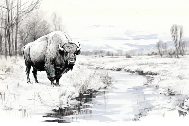 Дикий бизон пасется в зимней стране чудес: величественные млекопитающие бродят по заснеженным равнинам национального парка Йеллоустоун, США