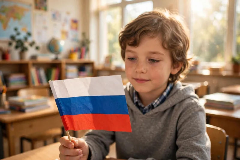 Кудрявый мальчик держит флаг России в светлом классе