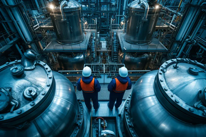Рабочие в касках осматривают промышленные трубы на нефтеперерабатывающем заводе