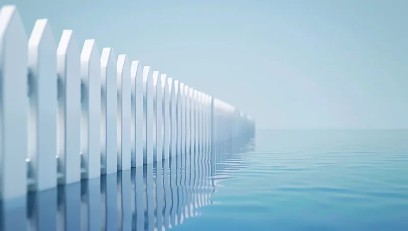 Мирная сцена с белым забором, уходящим в спокойные воды под ясным голубым небом