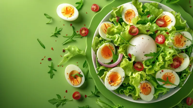 Свежий и красочный салат с яйцами, сваренными вкрутую, сочными помидорами и хрустящим салатом на ярком зеленом фоне, вид сверху