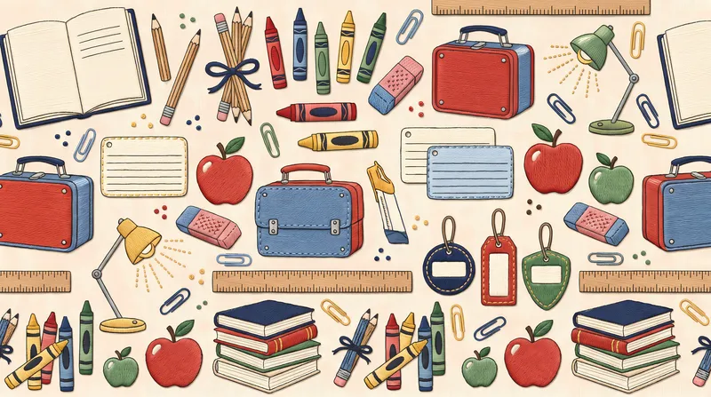 Текстильный узор с бесшовным повторением: тетради, карандаши, линейки, книги и школьные принадлежности на ткани