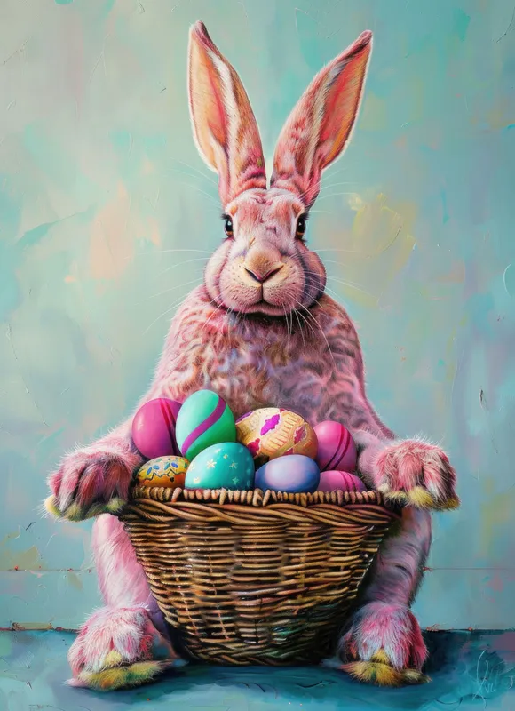 Причудливый пасхальный кролик с корзиной разноцветных яиц на лугу в весенней живописи