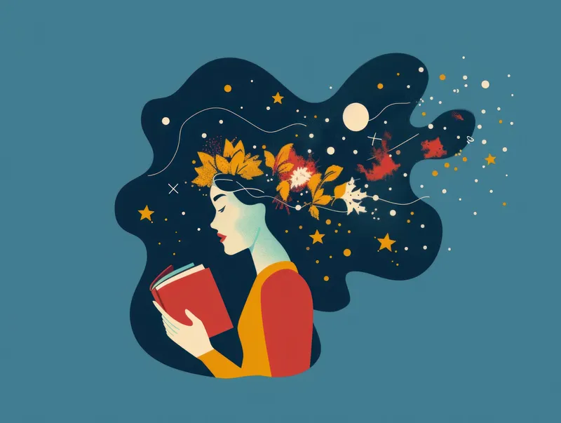 Безмятежная женщина, погруженная в чтение книги, на фоне звезд и космических мотивов, символизирующая креативность и любовь к чтению