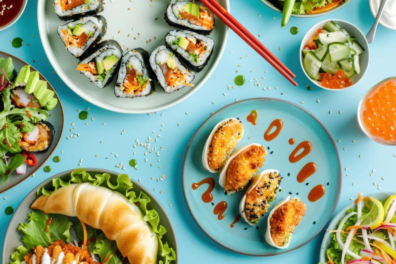 Вкусные азиатские блюда, сервированные на синих тарелках с палочками для еды и столовыми приборами, для кулинарного вдохновения в путешествиях