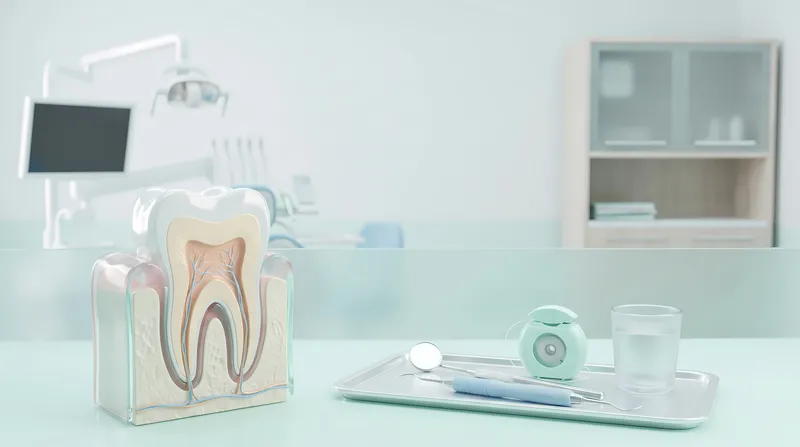 Медицинская 3D-сцена анатомии зуба с стоматологическими инструментами и клиническим контекстом для обучения гигиене полости рта