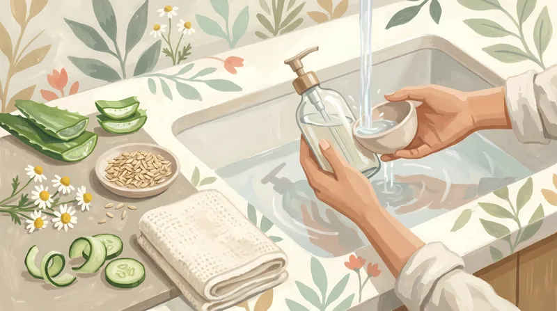 Современная сцена в технике гуаши: руки, стеклянный флакон с помпой, алоэ, овес, ромашка и натуральные ингредиенты для ухода за кожей