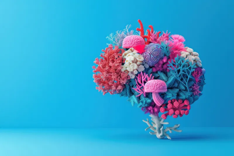 Яркий 3D-рендеринг сложной скульптуры мозга с кораллами, водорослями и морской жизнью на голубом фоне