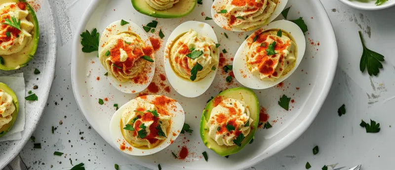 Вкусные фаршированные яйца, художественно разложенные на тарелке, с кремовой начинкой, посыпанные травами и специями