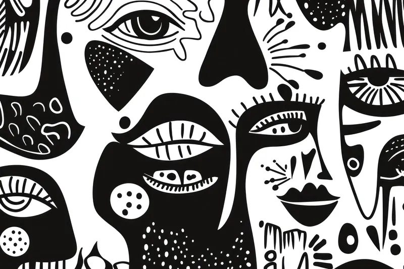 Уникальная черно-белая абстрактная иллюстрация, изображающая различные лица с разными эмоциями, идеально подходит для современного искусства, проектов о разнообразии и творческих проектов