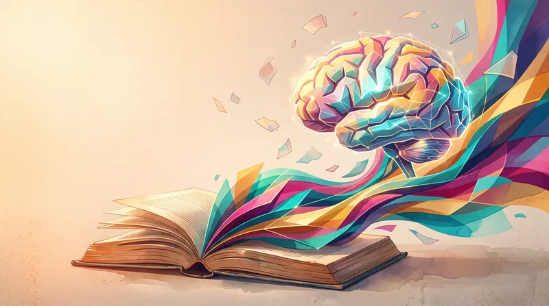 Открытая книга превращается в светящуюся структуру, напоминающую мозг, визуализируя интеллект, обучение и идеи в красочной сюрреалистической сцене