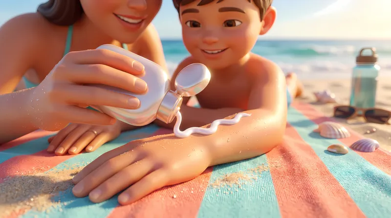 Глянцевая 3D-сцена летнего пляжа: взрослый и ребенок наносят солнцезащитный крем на ярком полотенце