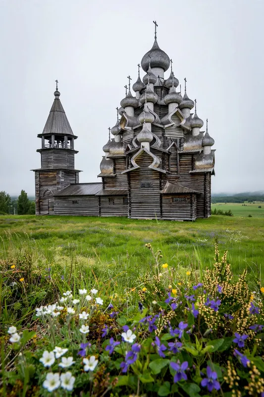 Старинная деревянная церковь с куполами на фоне летнего луга