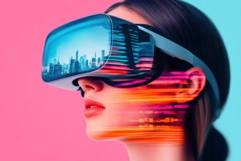 Молодая женщина в VR-гарнитуре демонстрирует захватывающий опыт виртуальной реальности на фоне городского пейзажа, передавая суть современных технологий, инноваций и цифровых исследований