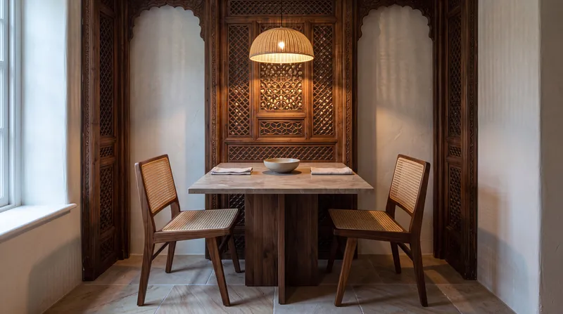 Интерьерная фотография компактной обеденной ниши с резной деревянной ширмой в центре, балансирующая дневной свет и теплый свет подвесного светильника для презентации дизайна в стиле наследия и ремесла