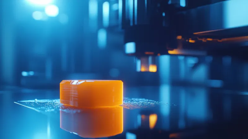 На этом изображении показан оранжевый предмет, напечатанный на 3D-принтере, который создается с помощью высокотехнологичного оборудования в заводских условиях, что подчеркивает темы технологий и…