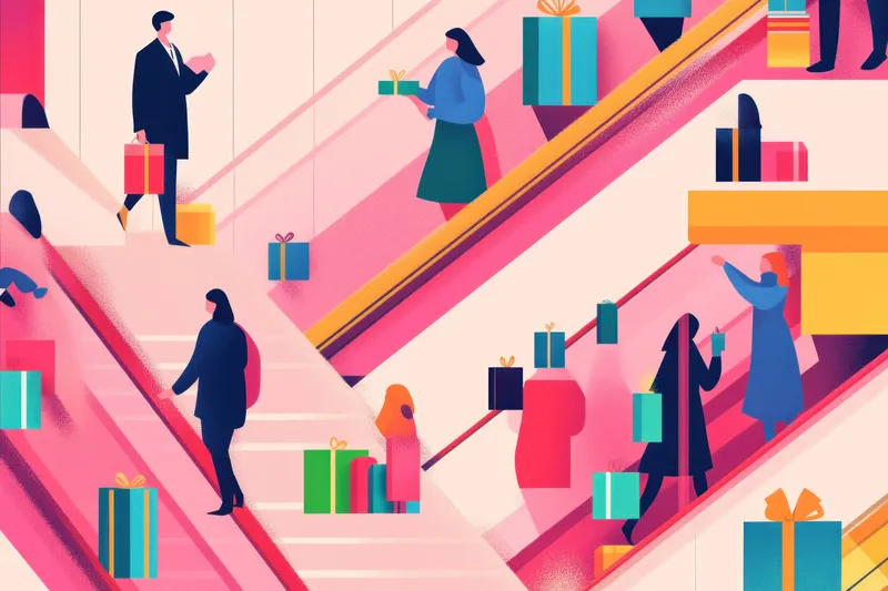 Яркая иллюстрация, изображающая разных людей, покупающих подарки в красочном торговом центре, передающая суть праздничных покупок и праздничного настроения