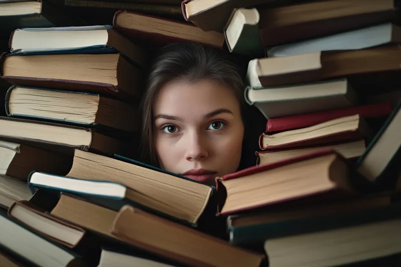 Молодая женщина в окружении книг, выражающая любопытство и созерцание, символизирующая знания и обучение