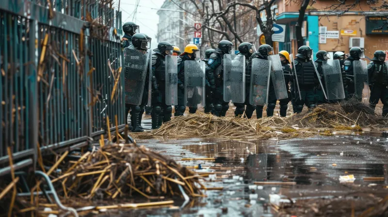 Группа людей в защитном снаряжении стоит перед забором во время протеста в дождливый день