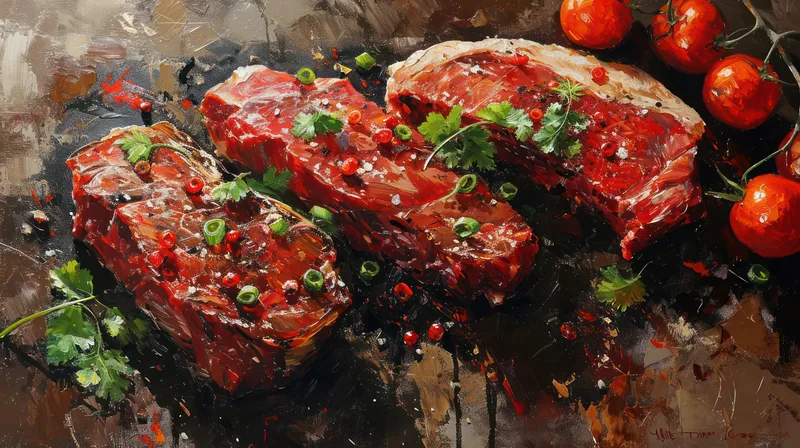 Вкусное барбекю-жаркое: сочный свиной филей с острым соусом на деревянной доске
