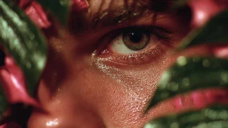 Интимная, мрачная композиция запечатлевает уязвимость и любопытство среди зеленой листвы, подчеркивая цветовой контраст, отражения света и тактильные поверхности кожи и растений