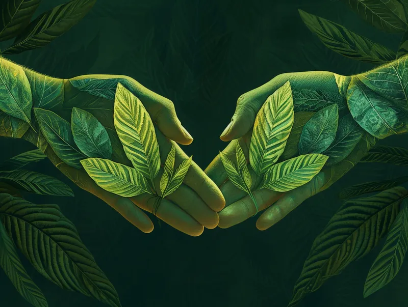 Две руки держат зеленые листья с надписями "green" и "eco" на темно-зеленом фоне