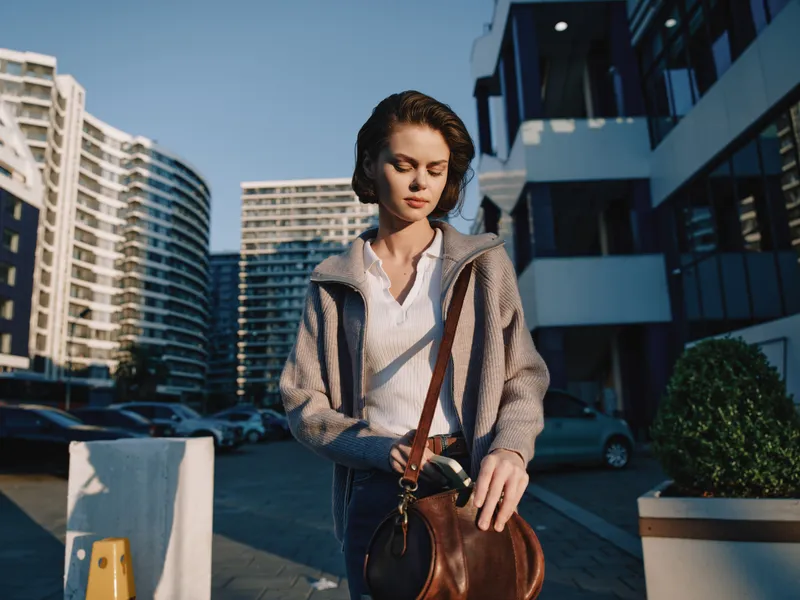 A stylish young professional woman walks through a modern urban area, adjusting her bag strap. She wears a light coat and white shirt, exuding confidence and focus.