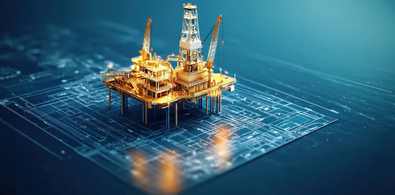 На этой иллюстрации изображена сложная нефтяная вышка на фоне чертежа, что подчеркивает передовые технологии и значимость нефтяной промышленности, излучая инновации и энергию