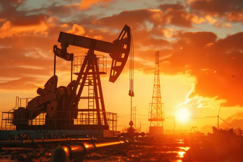 Драматичный закат освещает нефтяную качалку и вышки, символизируя энергию и промышленность в природном ландшафте