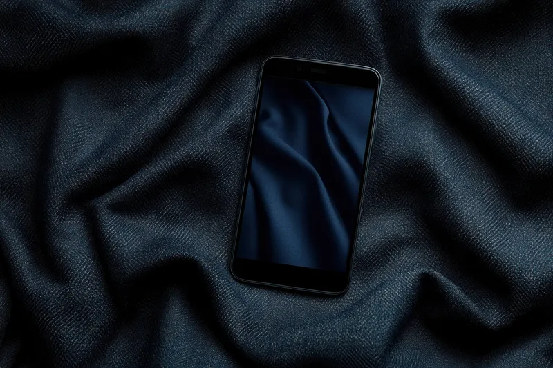 Стильный черный смартфон, лежащий на темной фактурной ткани, олицетворяющий современные технологии, минимализм и элегантный дизайн, идеально подходит для изображений цифрового образа жизни