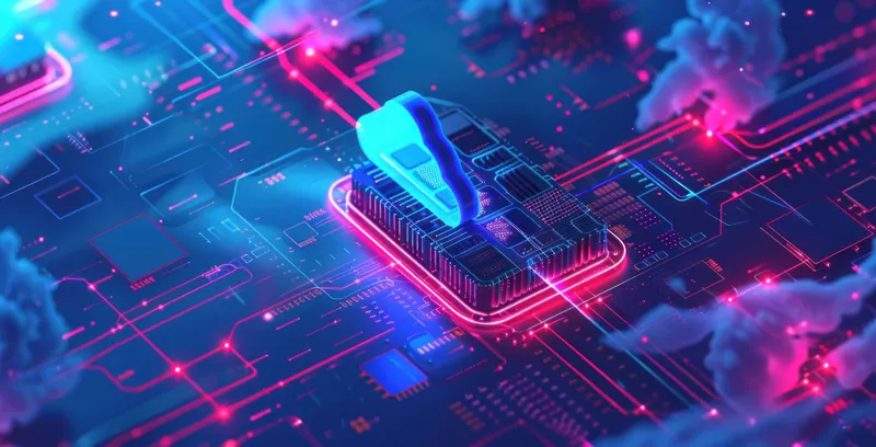 Футуристическая иллюстрация микросхемы с неоновым синим и розовым освещением на сложной печатной плате