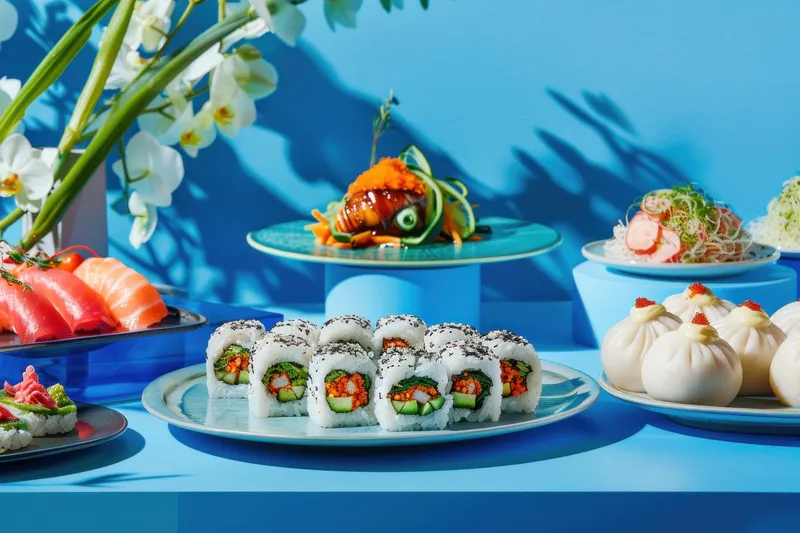 Вкусный ассортимент суши и других блюд на синем столе на фоне цветов