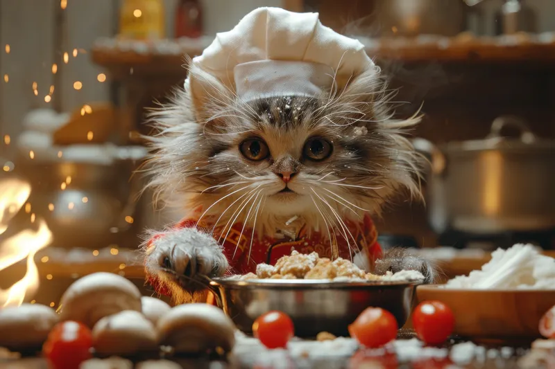 Кот-шеф-повар сидит перед миской, полной еды, готовый подать вкусное блюдо