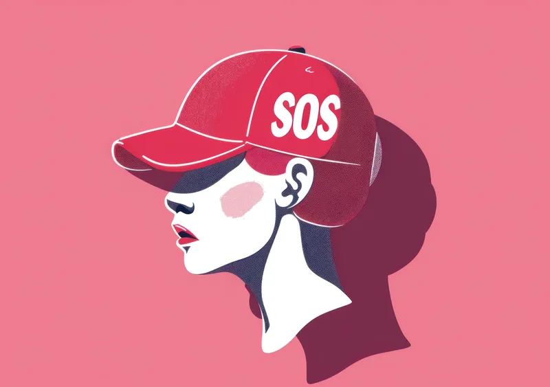 Женщина в кепке с SOS в стильной модной иллюстрации для экстренных ситуаций в путешествиях и медицинской помощи