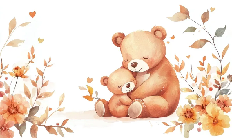 Трогательная иллюстрация медведицы и ее детеныша, демонстрирующая связь любви и привязанности в осенней обстановке с мягкими цветами и цветочными элементами