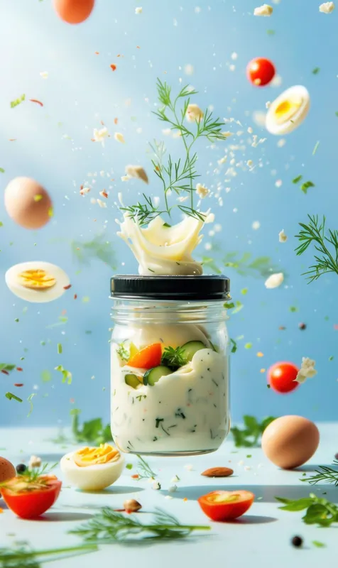 Банка, переполненная яйцами и овощами, которые высыпаются наружу, создавая красочный и беспорядочный вид