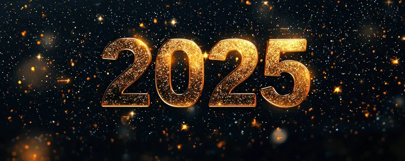 Мерцающие золотые цифры 2025, освещенные ослепительным фоном из искрящихся огней, передают праздничную атмосферу и волнение от наступающего года