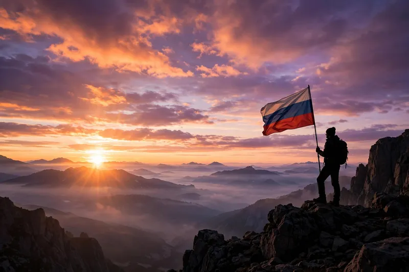 Путешественник с флагом России на вершине горы на рассвете