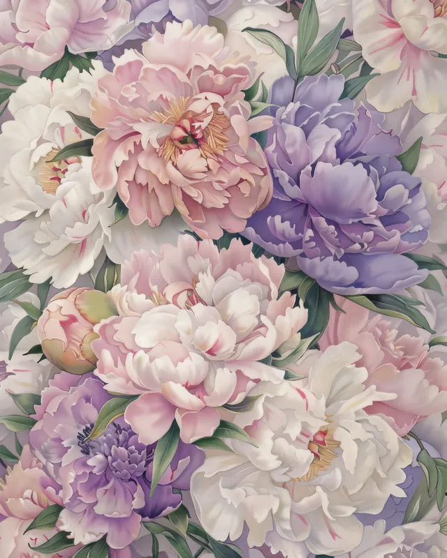 Яркая картина с розовыми и фиолетовыми пионами и текстом "Peonies" на белом фоне