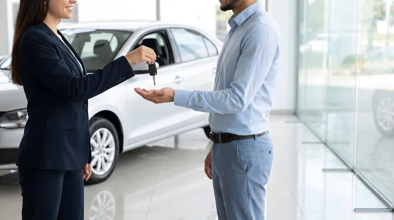 Покупатель получает ключи от автомобиля от продавца рядом с новым автомобилем в светлом выставочном зале дилерского центра