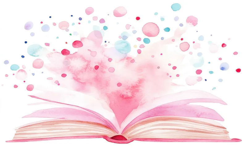 Открытая книга в окружении ярких акварельных брызг розового, голубого и пастельных оттенков, символизирующих творчество и вдохновение для образовательных тем