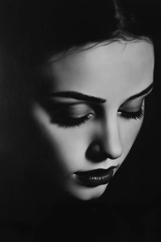 Потрясающий портрет женщины с безмятежным выражением лица, закрытыми глазами и темной помадой
