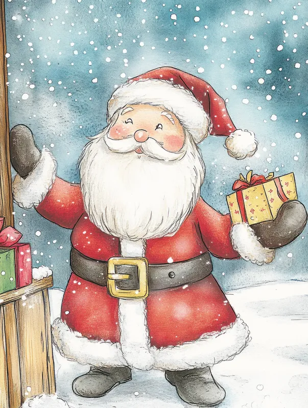 Радостный Санта-Клаус в красном костюме с пушистой белой бородой держит упакованный подарок, стоя в заснеженном пейзаже среди красочных презентов