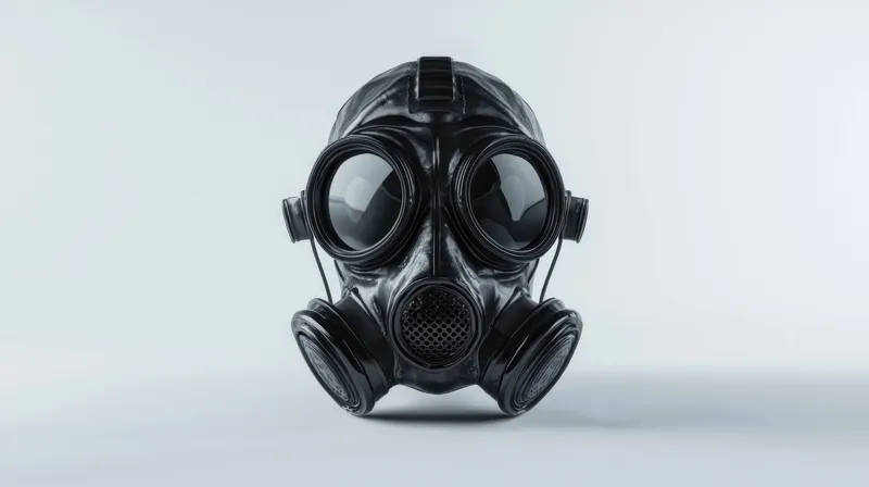 Реалистичный 3D-рендеринг черного противогаза, демонстрирующий его компоненты на минималистичном светло-сером фоне, идеально подходит для тем безопасности, защиты и промышленного дизайна