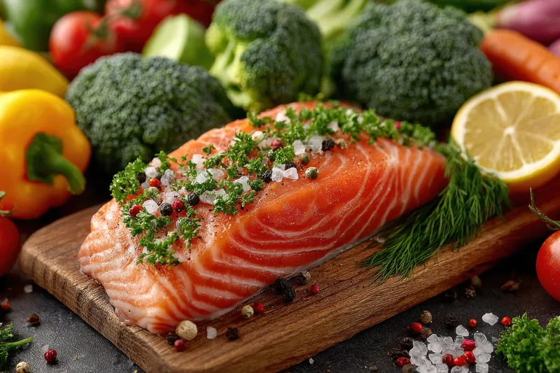Яркая кухонная сцена намекает на здоровое приготовление пищи и изысканные обеды, предлагая простую, но элегантную трапезу из морепродуктов с натуральными цветами, ароматом и полезной…